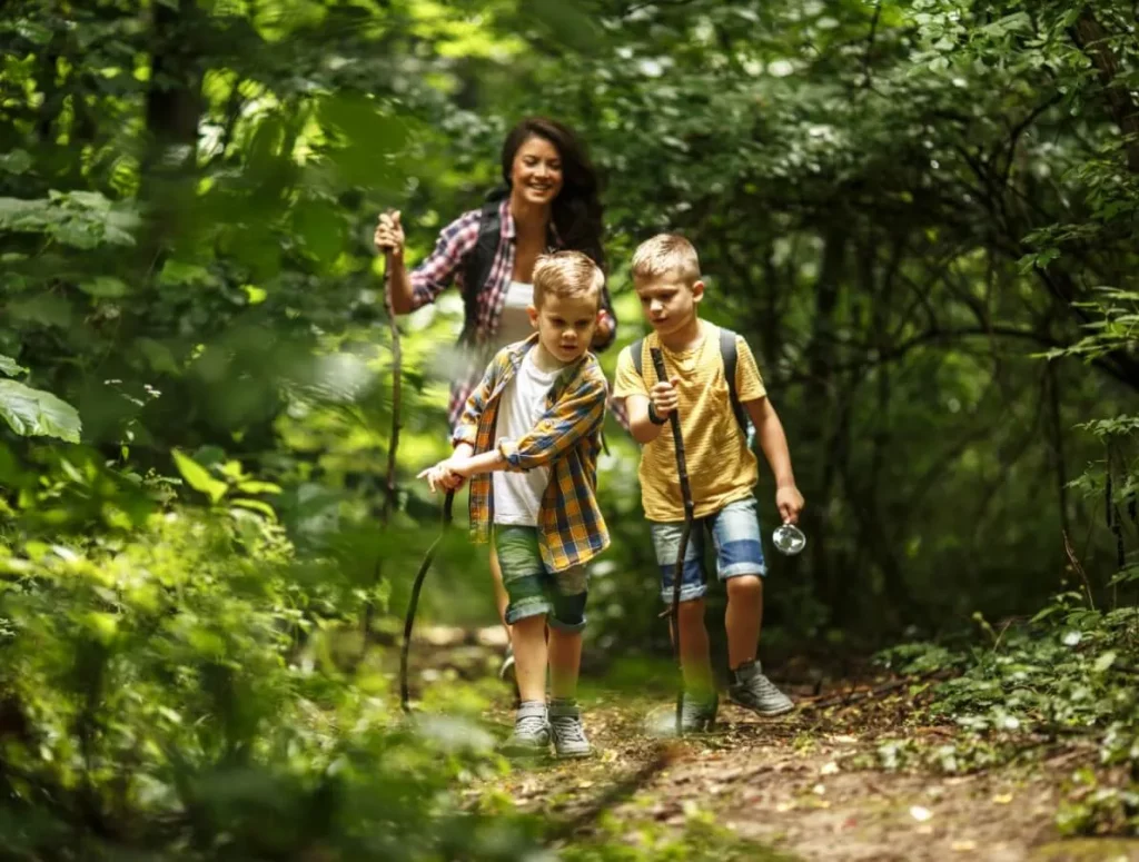 Jonge vrouw loopt met twee jongetjes over een pad door het bos