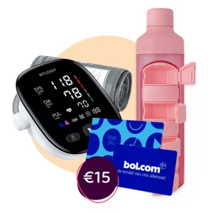 Keuze 3 welkomstcadeaus: Bloeddrukmeter, €15 bol.com cadeaubon of een YOS medicijnfles