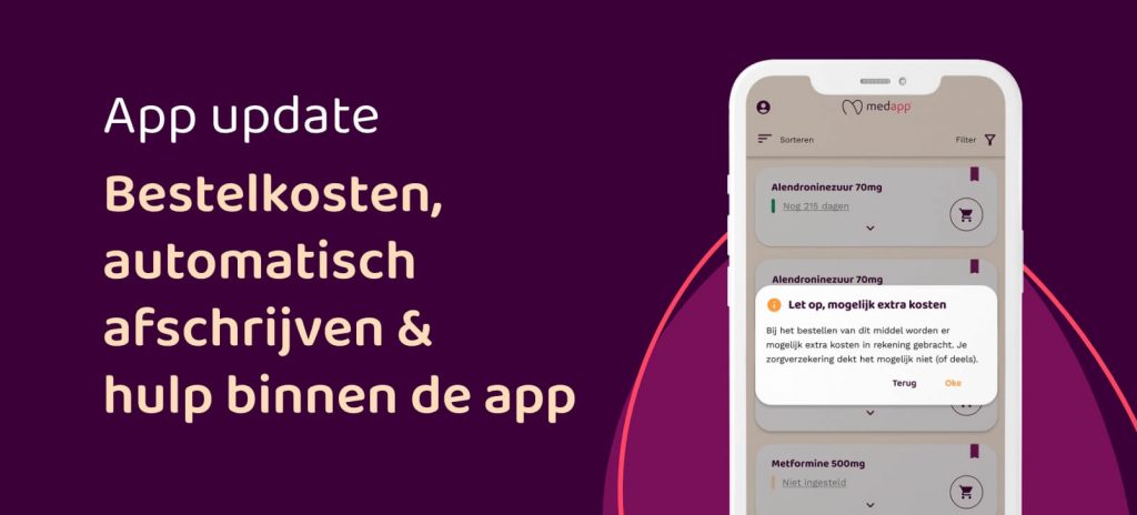 Opsomming nieuwe functionaliteiten in de app met afbeelding van telefoon met een screenshot van een app functionaliteit erin.