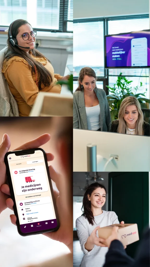 Vierluik van MedApp-dienstverlening: een medewerker met headset, twee collega's die samenwerken achter een computer, de mobiele app met een statusoverzicht van medicijnbezorging, en een klant die een pakketje aanneemt.